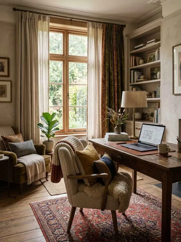 Cozy home office decorated with layered textiles, featuring an embroidered vintage Persian rug, textured bouclé desk chair with throw pillow, and heavy velvet curtains.