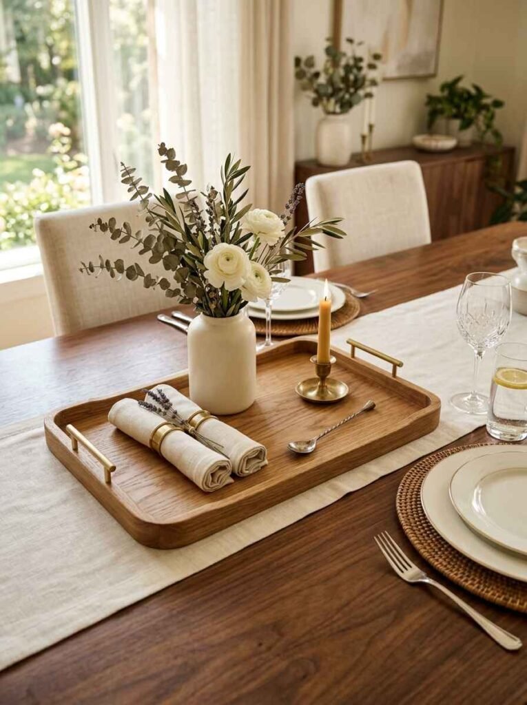 Decorative wooden tray with brass handles styled with a small vase and linen napkins