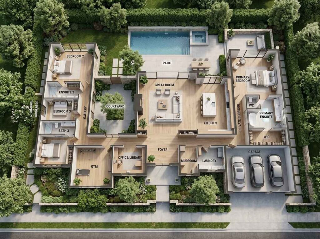 Luxury single-story house floor plan featuring a central private courtyard, a dedicated home gym, and a distinct private corridor for the primary en-suite, utilizing light wood and cream textures.