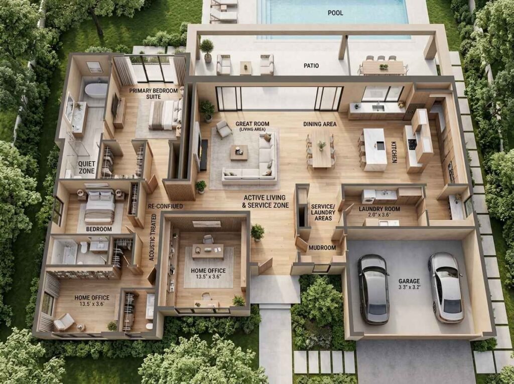 Top-down 3D architectural floor plan highlighting functional zoning for noise reduction, featuring an acoustic