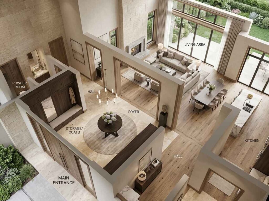 Architectural 3D interior design view of a grand entryway foyer with a circular display table, coat storage, and powder room leading into an open-plan living and dining layout.