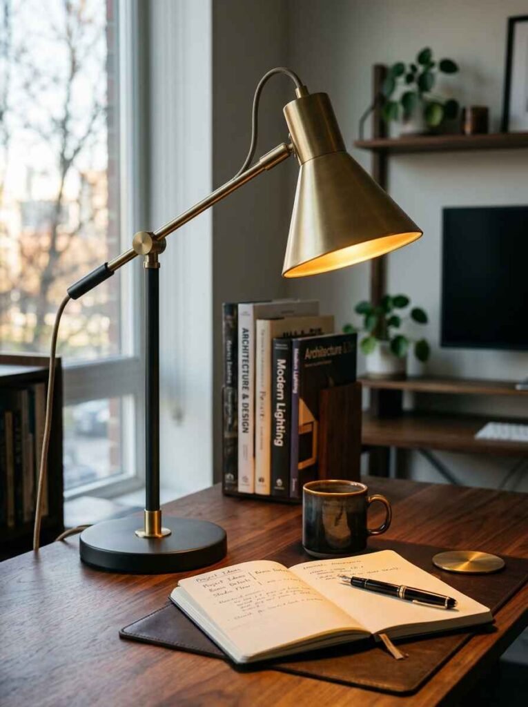 Modern brass and matte black adjustable desk lamp on a dark wood study desk beside open notebook and stack of design books