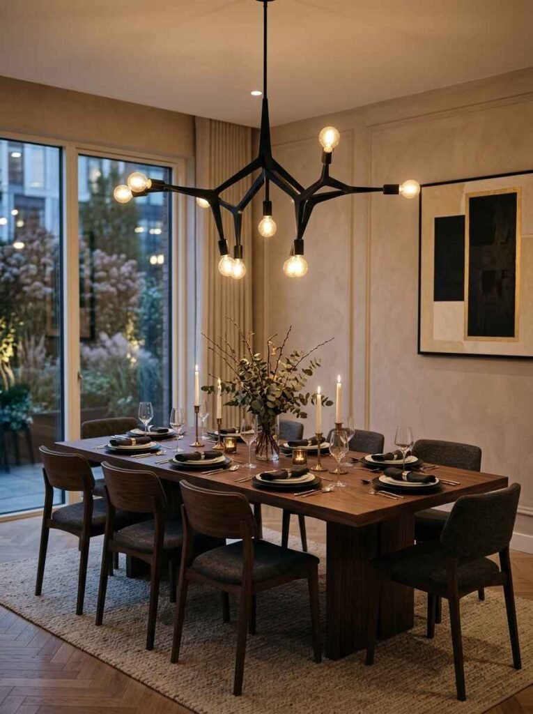 Modern matte black branching chandelier with bare bulbs hanging over a warm wooden dining room table