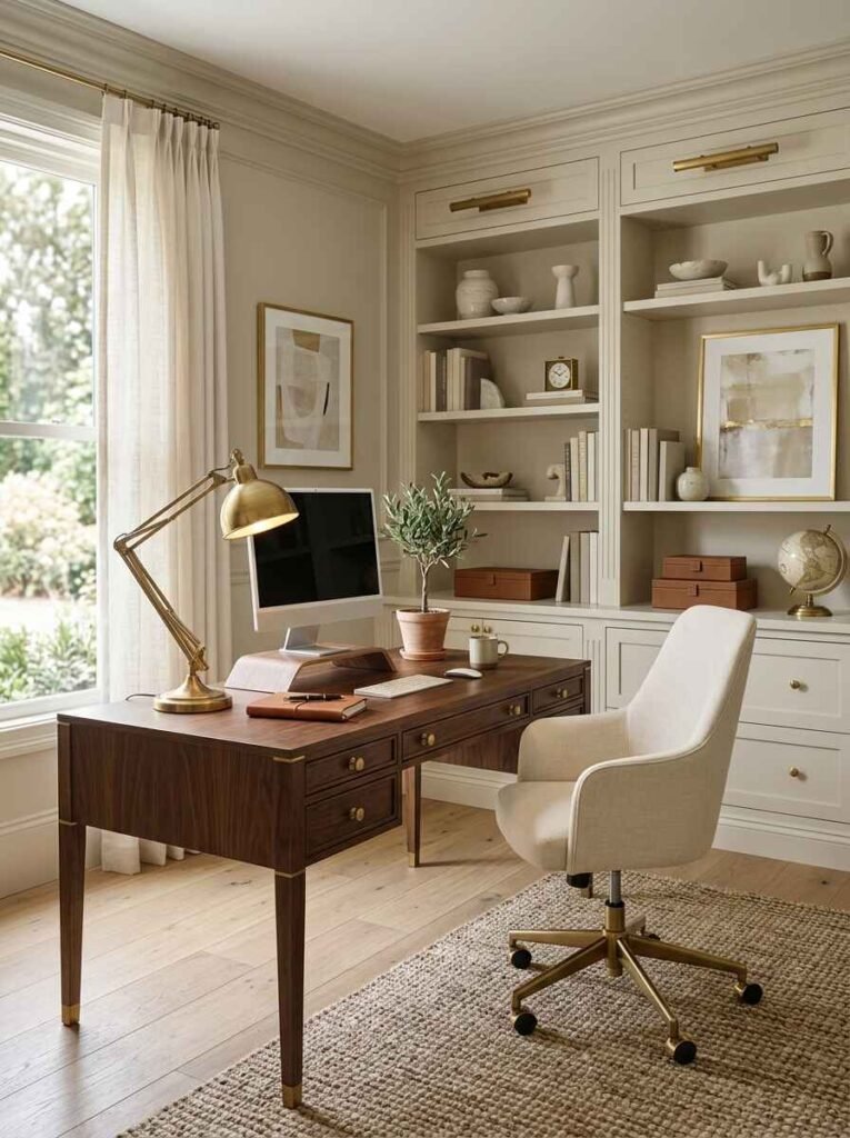 Warm walnut executive desk paired with a brushed brass adjustable lamp, neutral upholstery chair, and custom cream cabinetry with brass handles.