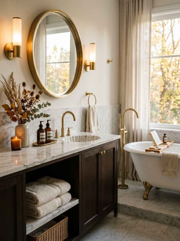 Luxury spa bathroom featuring dark wood vanity, white marble countertops, brushed gold fixtures, and subtle dried floral arrangements.