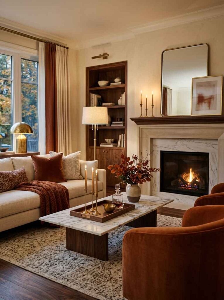 Luxury fall living room styled with brass candle holders on a marble coffee table, brass dome lamp, rust velvet armchairs, and a marble fireplace setup.