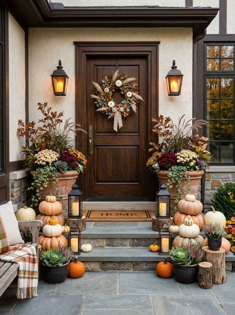Elegant fall front porch steps with stacked heirloom pumpkins, terracotta planters, warm lanterns, and autumn wreath.