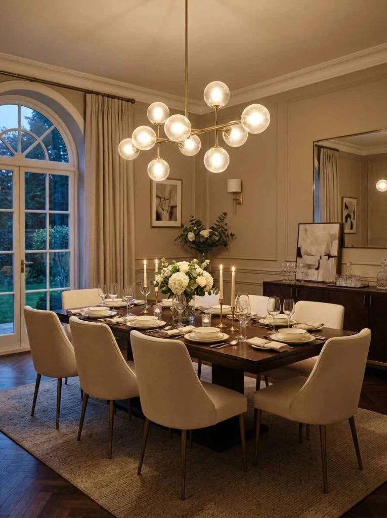 Mid-century modern brass globe chandelier with frosted glass orbs illuminating a warm beige dining room layout