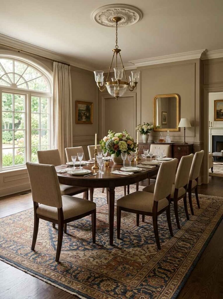 Versatile elegant patterned dining room rug in a formal traditional dining space.