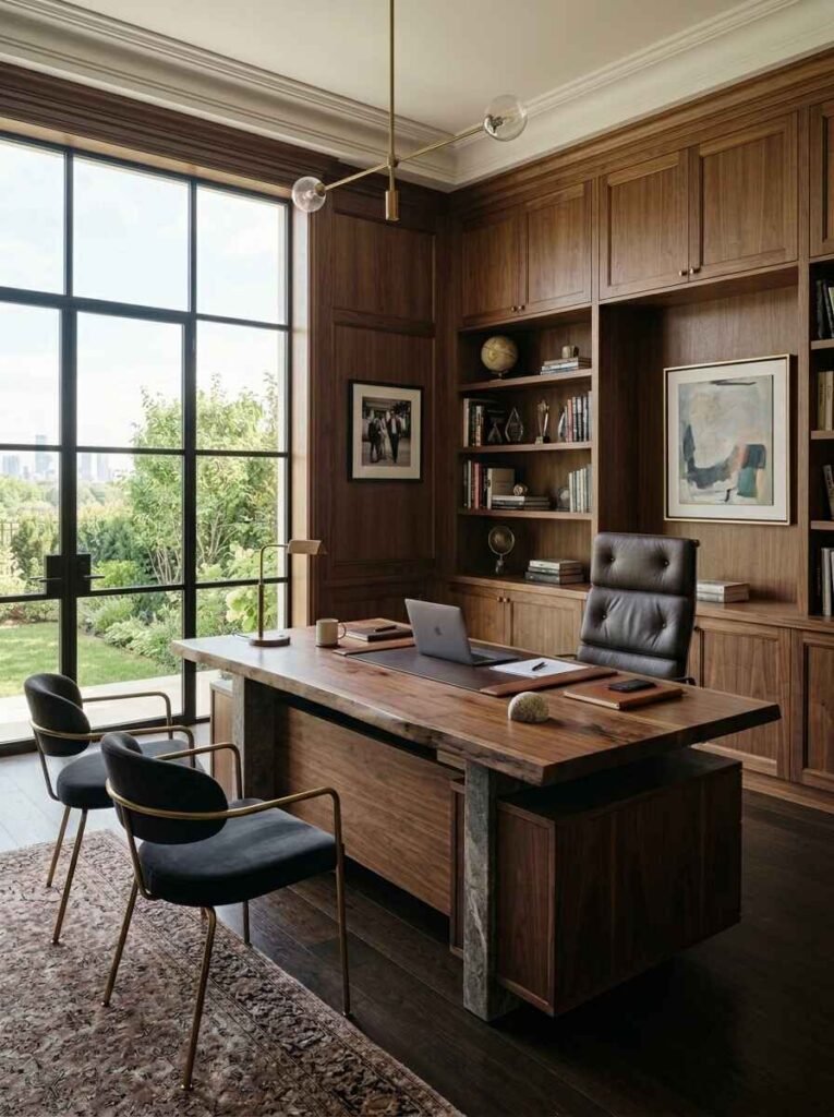 Executive luxury home office featuring a solid walnut live-edge statement desk, tufted leather office chair, floor-to-ceiling custom wood cabinetry, and large black grid window overlooking a garden view.