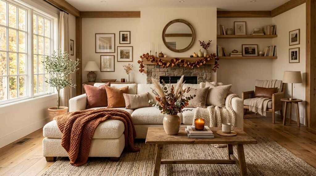 Neutral fall living room decor featuring a cream sectional sofa, terracotta knit throw blanket, dried floral arrangement on a wooden coffee table, and a stone fireplace with autumn leaf garland.