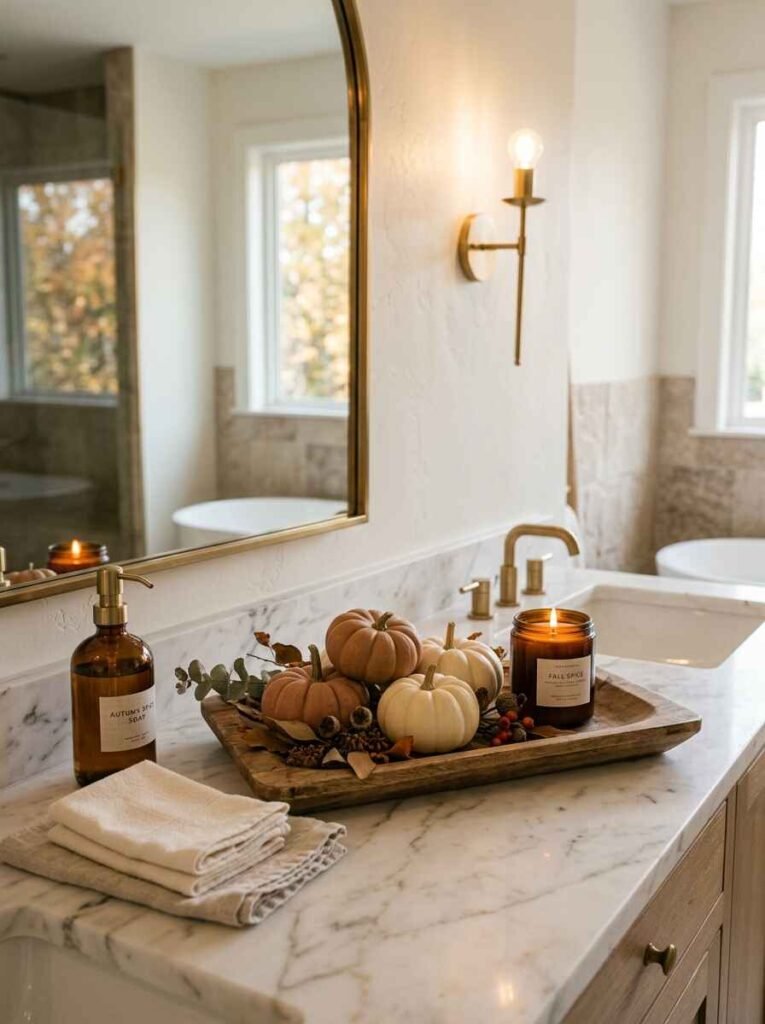 Marble bathroom vanity decorated with a wooden tray of mini neutral pumpkins, amber glass soap dispenser, and glowing fall spice candle.
