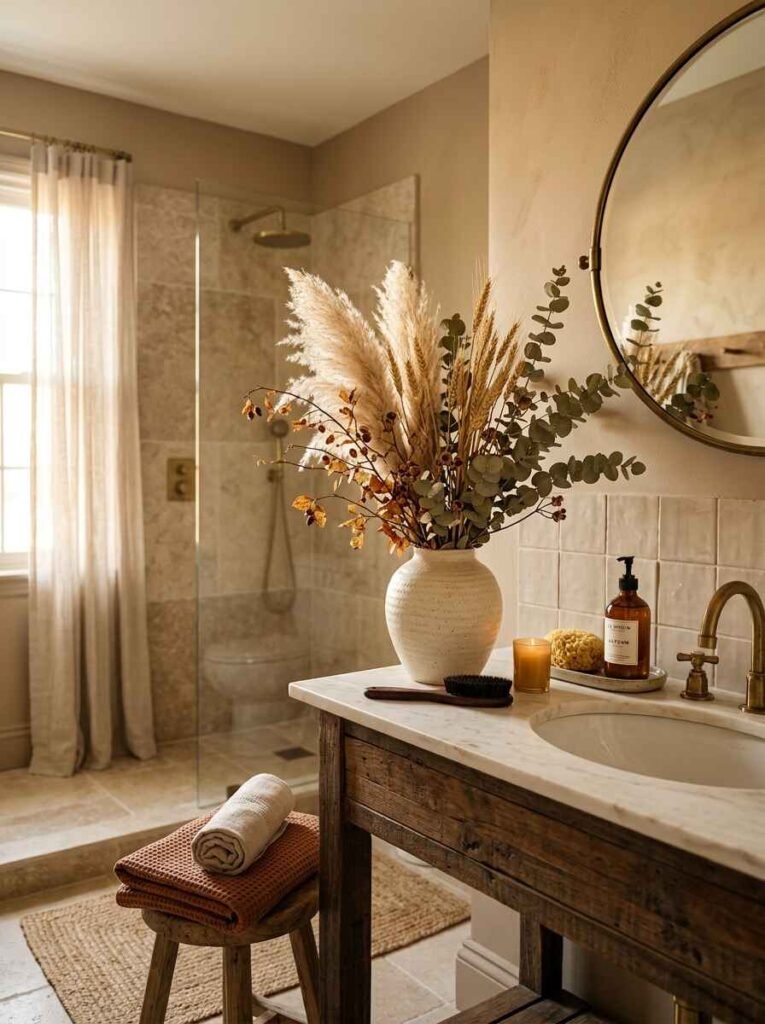 Ceramic vase filled with dried pampas grass, wheat, and autumn stems on a rustic wooden bathroom counter next to a marble sink.