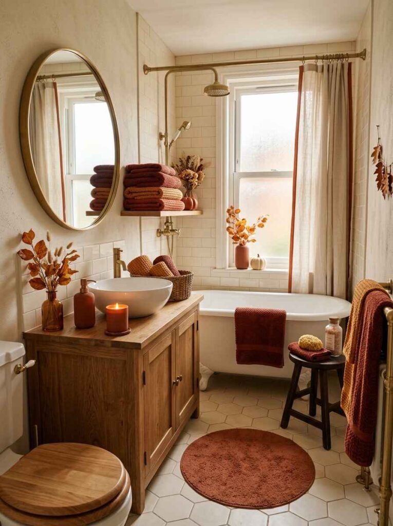 Cozy bathroom decorated with rust and terracotta waffle-knit towels, copper-toned accents, and a clawfoot tub.
