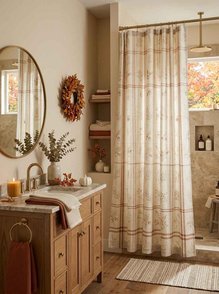 Warm fall bathroom featuring a plaid shower curtain, brass fixtures, natural oak vanity, and subtle autumn foliage accents.
