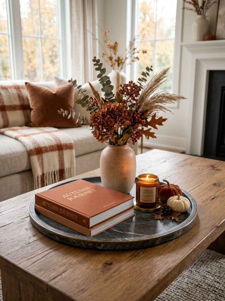 Rustic wooden coffee table styled for fall with a dark tray holding autumn books, an amber glass candle, mini velvet pumpkins, and a speckled vase with dried foliage.