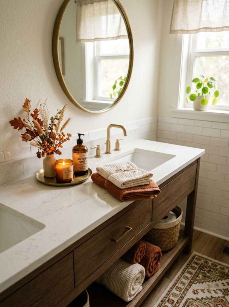 Elegant bathroom vanity styled with brushed brass hardware, amber soap bottles, a glowing candle tray, and warm autumn botanicals.