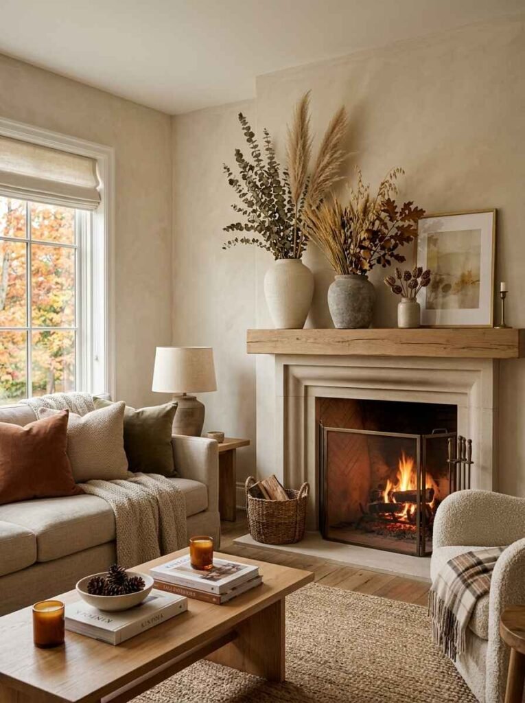 Stone fireplace mantel decorated for fall with tall ceramic vases filled with dried pampas grass, eucalyptus, and wheat branches beside a cozy beige sofa.