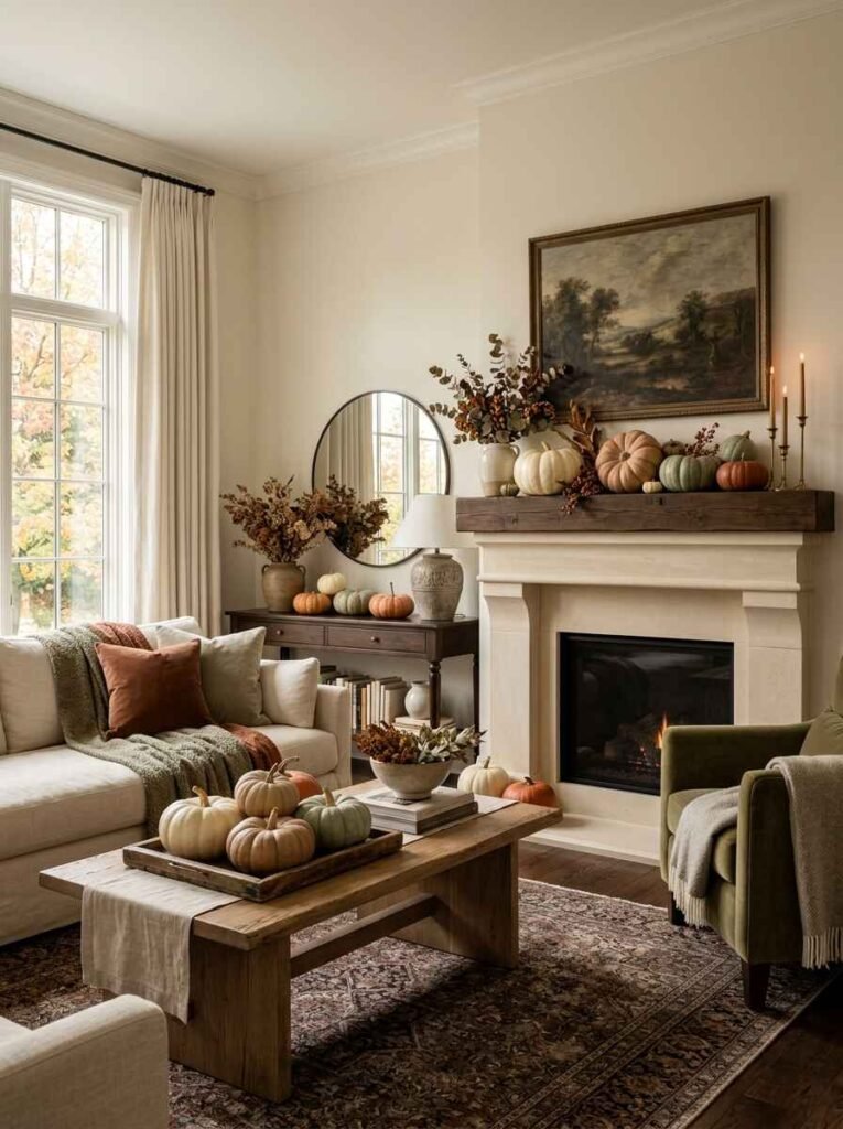 Cozy living room styled for autumn with pale heirloom pumpkins on a wood coffee table tray, dark wood mantel decorated with pumpkins, and a warm fire in the fireplace.