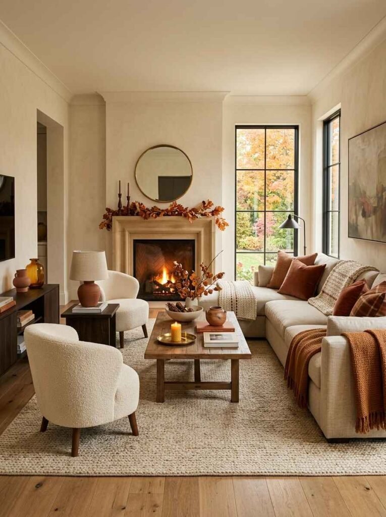 Modern organic living room decorated with rust throw pillows, terracotta knit blankets, cream bouclé armchairs, and a jute area rug around a stone fireplace.