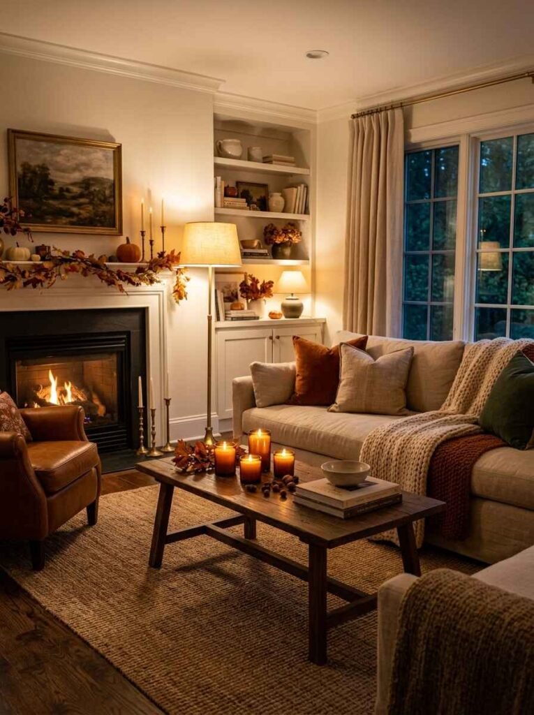Warm fall living room glowing with ambient lighting from amber glass candles on a wooden coffee table, a brass floor lamp, and a lit fireplace at dusk.