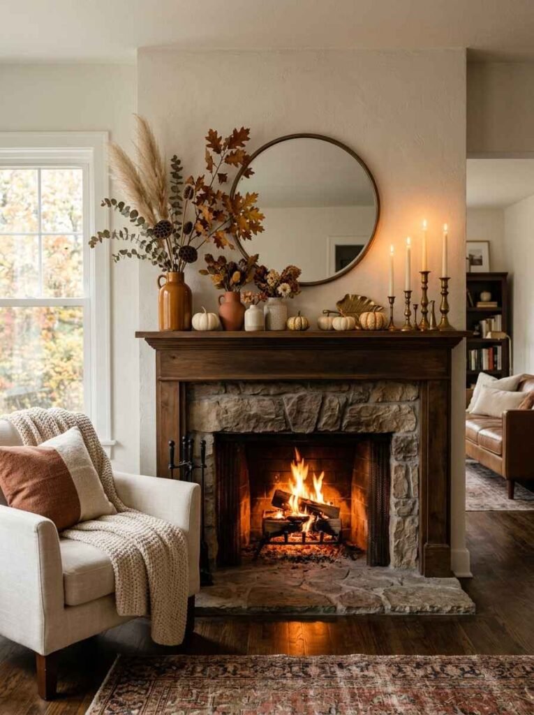 Fireplace mantel styled for autumn with a round mirror, tall dried branches in ceramic jugs, mini white pumpkins, brass taper candlesticks, and a glowing fire.