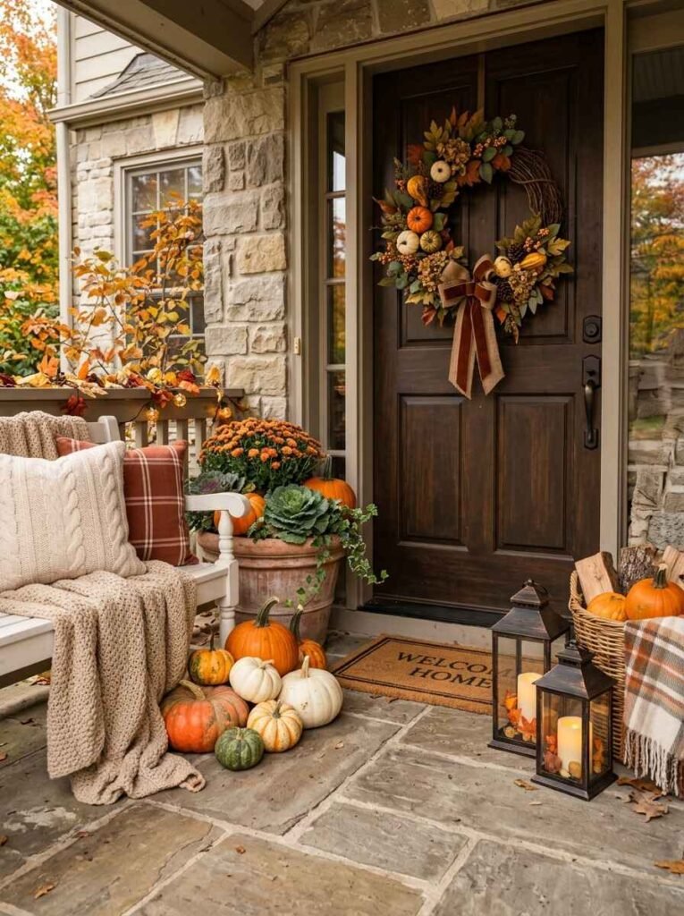 Autumn porch styling elements including knit throw blankets, copper lanterns, dried leaf wreath, and mixed pumpkins near the entry.