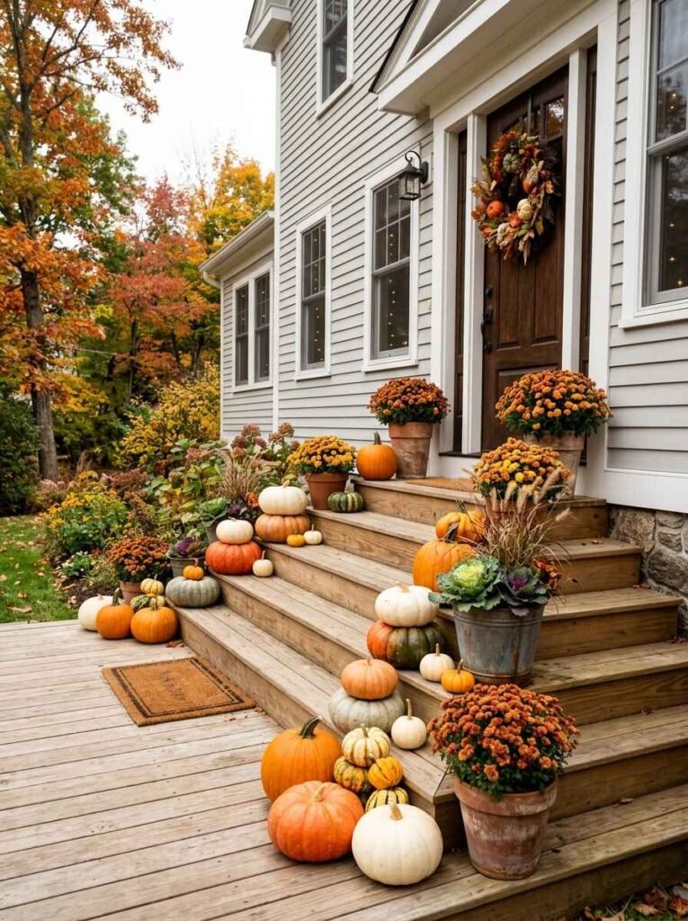 Wooden front porch steps decorated with stacked pumpkins, terracotta mums, and autumn foliage leads to a dark wood door.