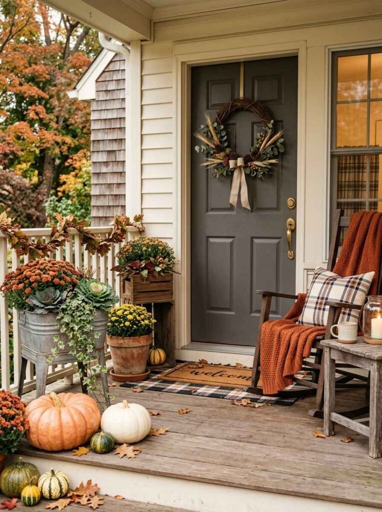 Budget-friendly fall porch setup with wooden crates, rustic rocking chair with rust knit throw, galvanized tub planters, and potted mums.