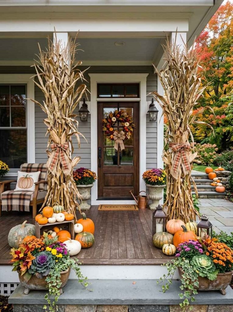 Front door entry framed with tall dried corn stalks, burlap bows, stacked pumpkins, and potted fall flowers.