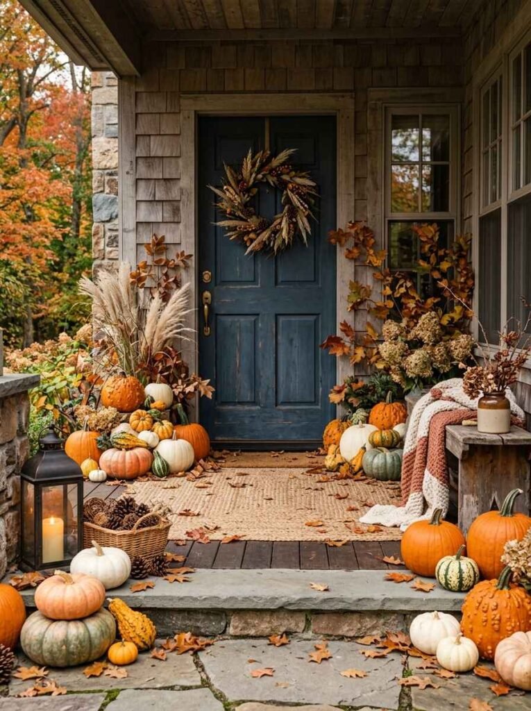 Natural fall porch setup with textured gourds, pinecone basket, pampas grass, terracotta urns, and a rustic blue front door.