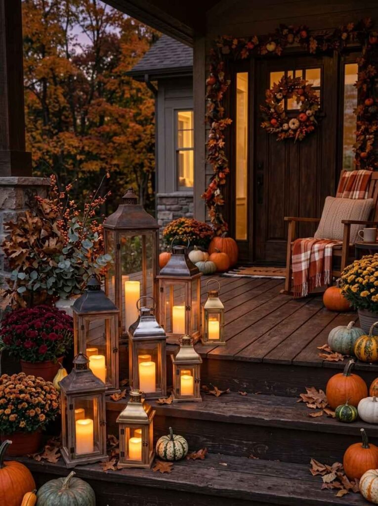 Evening fall porch decorated with grouped wooden and brass lanterns, warm LED candles, orange pumpkins, and potted mums.