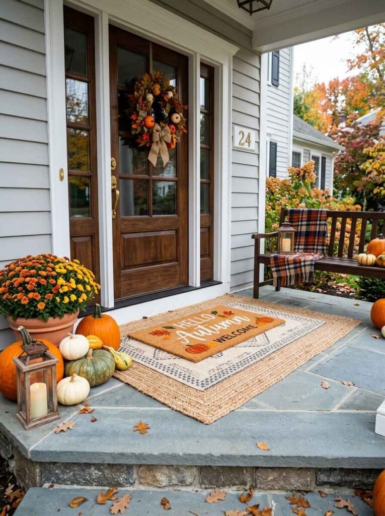 Layered entry rugs with a Hello Autumn doormat over a patterned runner, surrounded by orange pumpkins and potted chrysanthemums.