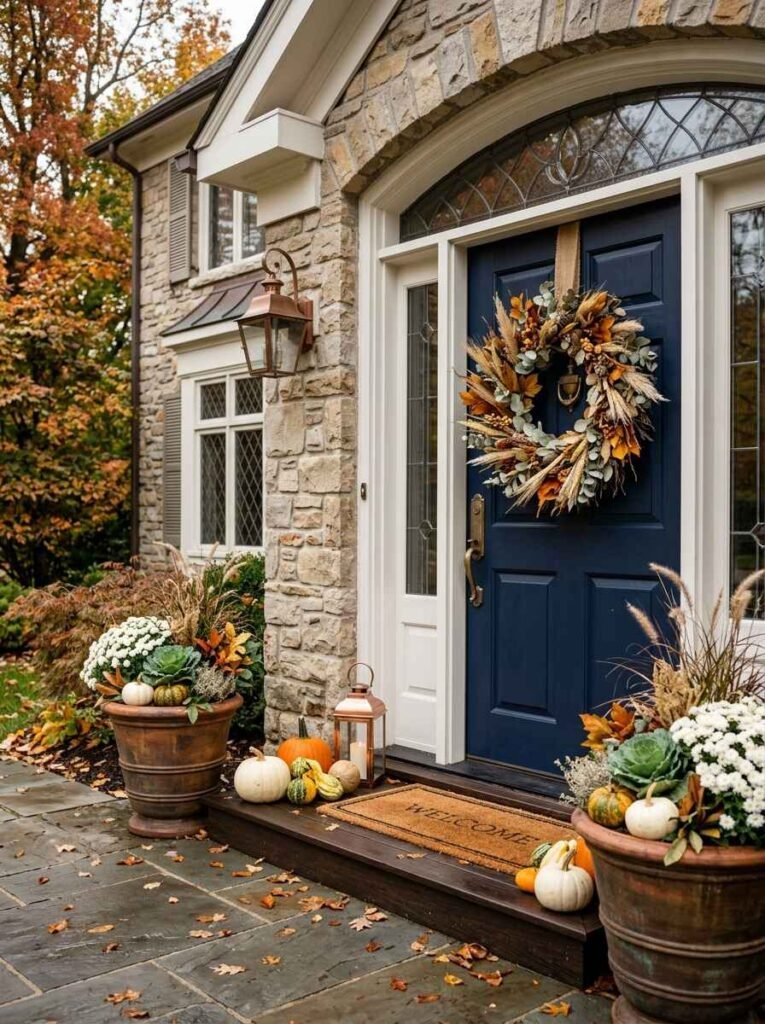 Elegant stone porch entryway with a deep blue front door, rustic urns filled with white mums and ornamental kale, and stacked pumpkins.
