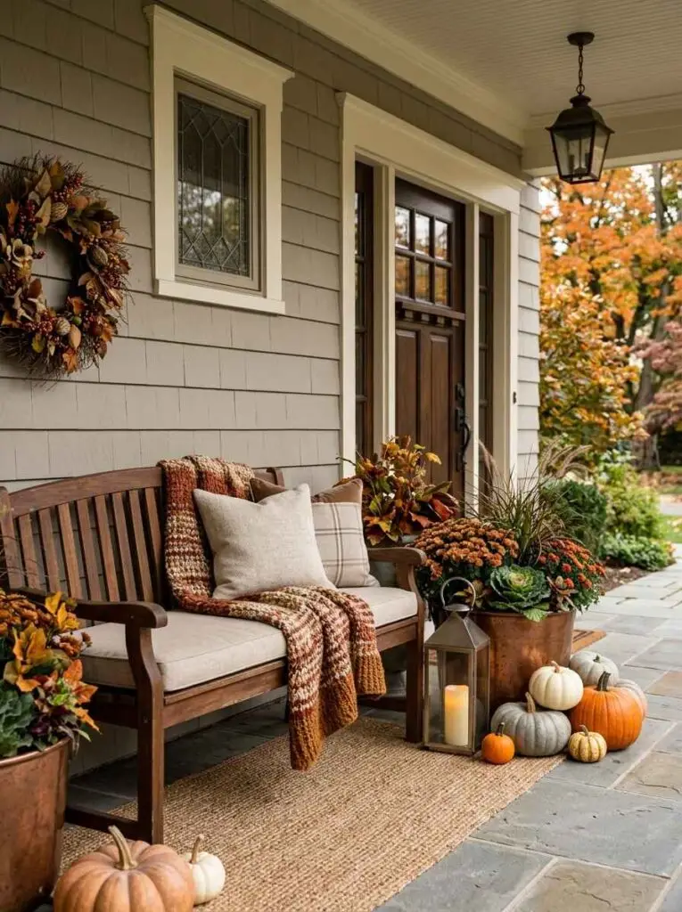 Styled wooden porch bench with warm knit blanket, neutral pillows, copper planters, and heirloom pumpkins.