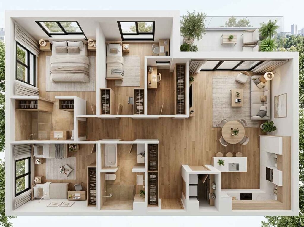 Top-down 3D layout of a family-friendly three-bedroom apartment with built-in storage, kids' rooms, safe traffic flow, and an open communal living space.
