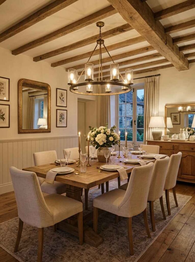 Rustic round wagon wheel chandelier with glass hurricane shades suspended from exposed wooden ceiling beams