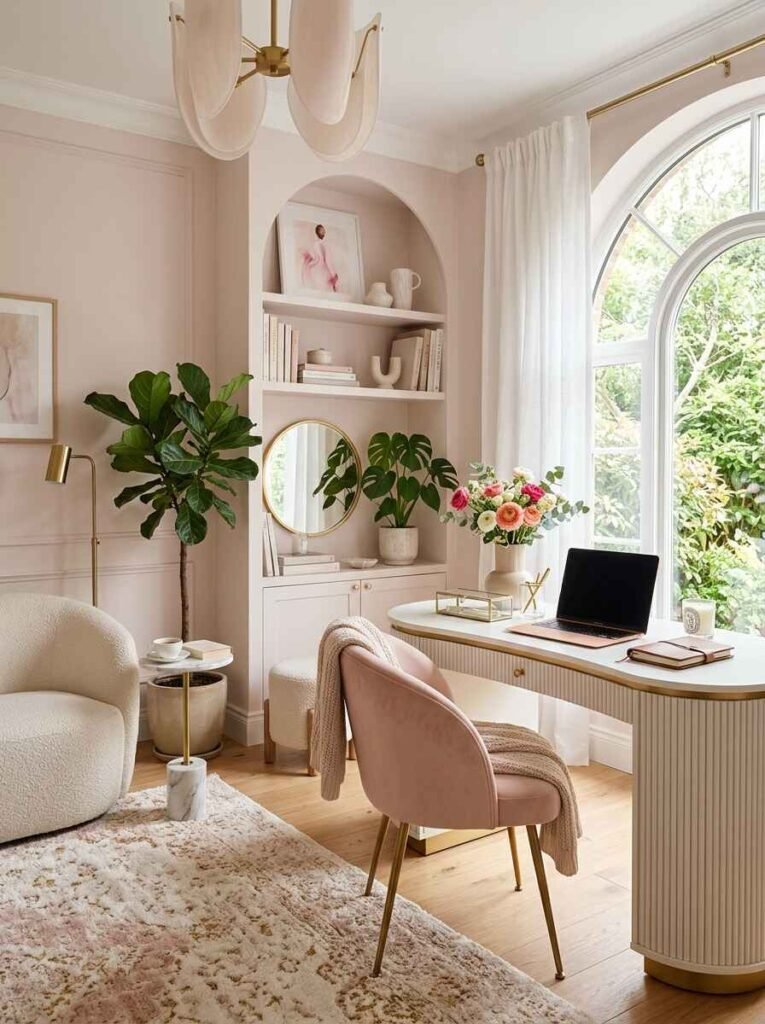 Elegantly styled feminine home office with fluted white desk, blush pink velvet chair, arched built-in shelving, and soft natural light