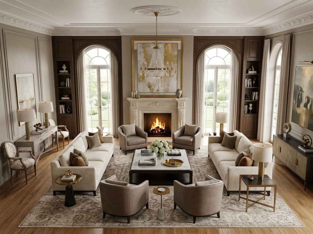 Symmetrical formal luxury living room layout centered on a fireplace and chandelier, flanked by matching cream sofas, armchairs, and arched French doors.