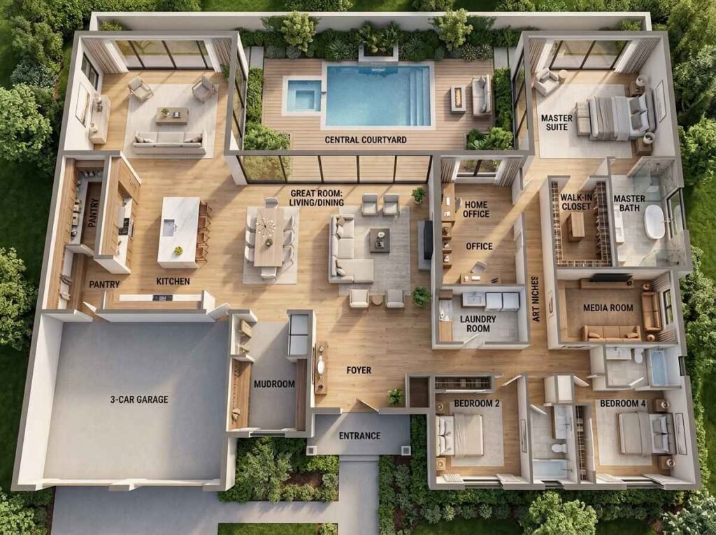 Top-down 3D luxury floor plan showing well-defined dedicated spaces including a central courtyard pool, home office, media room, and private master suite.