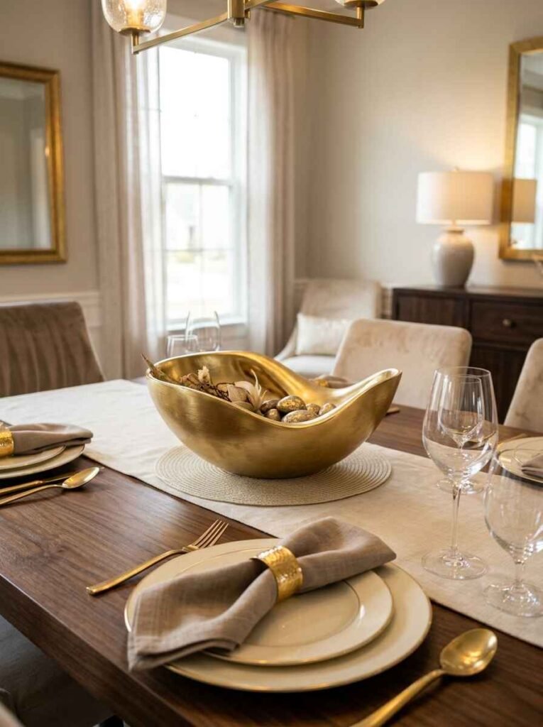 Brushed gold decorative bowl as a modern luxury dining table centerpiece