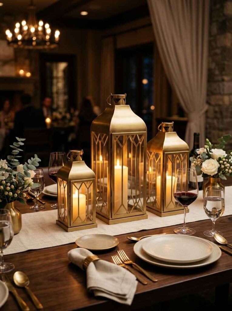 Brushed gold metal lantern set with candles as a luxury dining table centerpiece