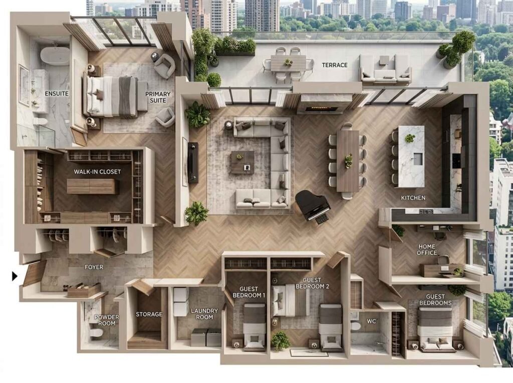 Luxurious 3D penthouse floor plan detailing a grand primary suite with walk-in closet, private terrace, formal foyer, and dedicated home office.