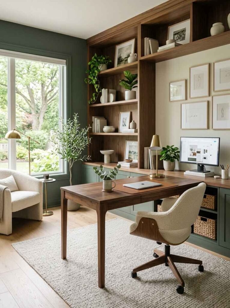 Elegantly designed home office with custom sage green lower cabinetry, dark walnut L-shaped desk, plush bouclé swivel chair, and gallery wall art