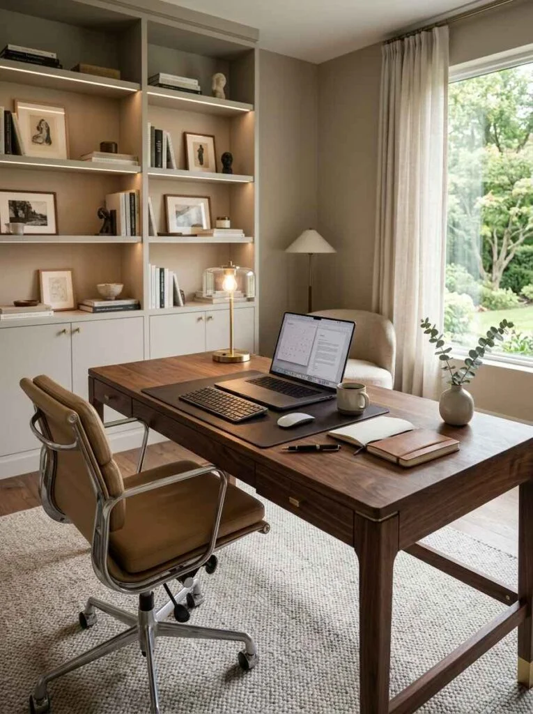Rich walnut writing desk set in a warm neutral home office, featuring a tan leather office chair, leather desk mat, and illuminated built-in shelving