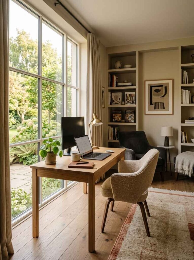 Home office set by a large window with built-in walnut shelving, olive green velvet swivel chair, brass desk lamp, and a cozy reading armchair
