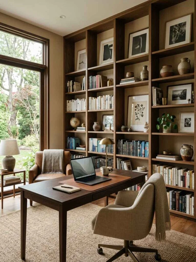 Spacious home office with full-wall dark wood bookshelves, modern desk setup, woven rug, and lush garden views through floor-to-ceiling windows