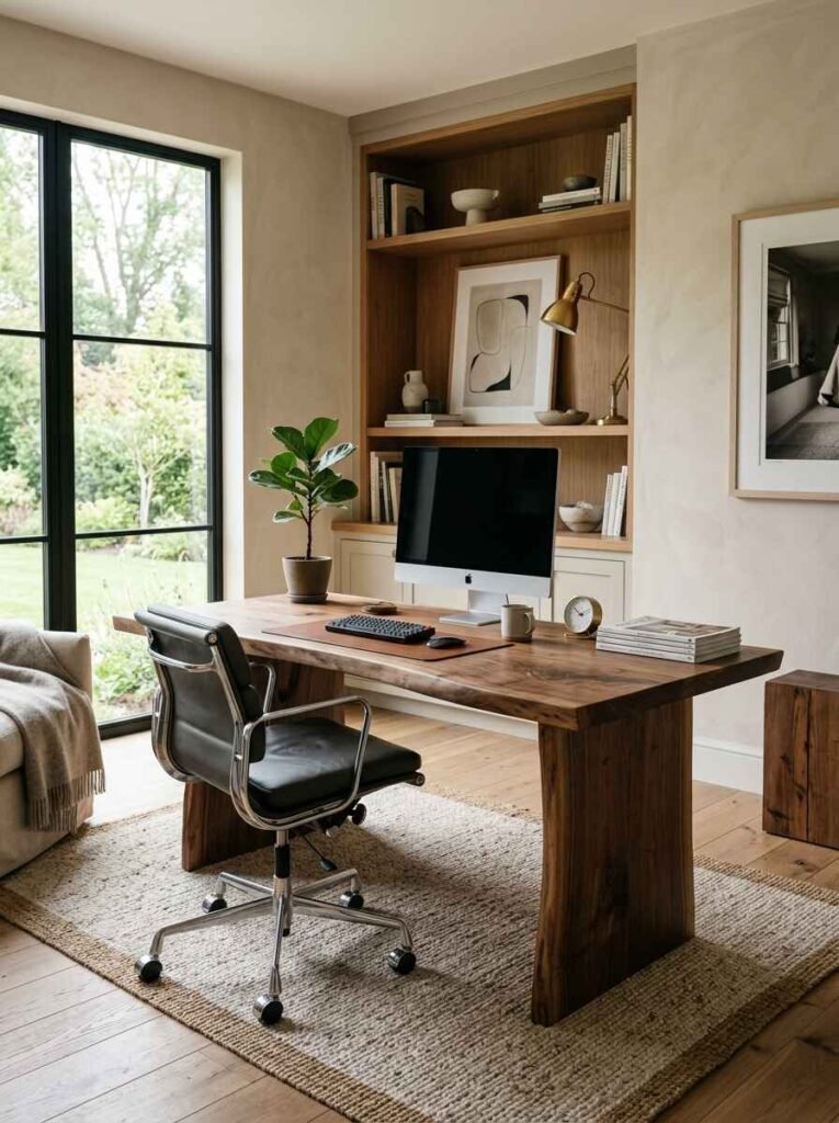 Modern home office featuring a live-edge wooden statement desk, black leather office chair, built-in oak display shelves, and natural sunlight