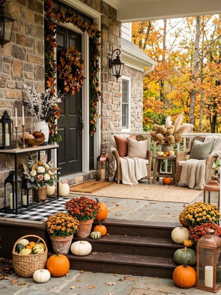 Fall porch seating and entryway featuring warm autumn color palette with rust cushions, potted mums, and copper lanterns.