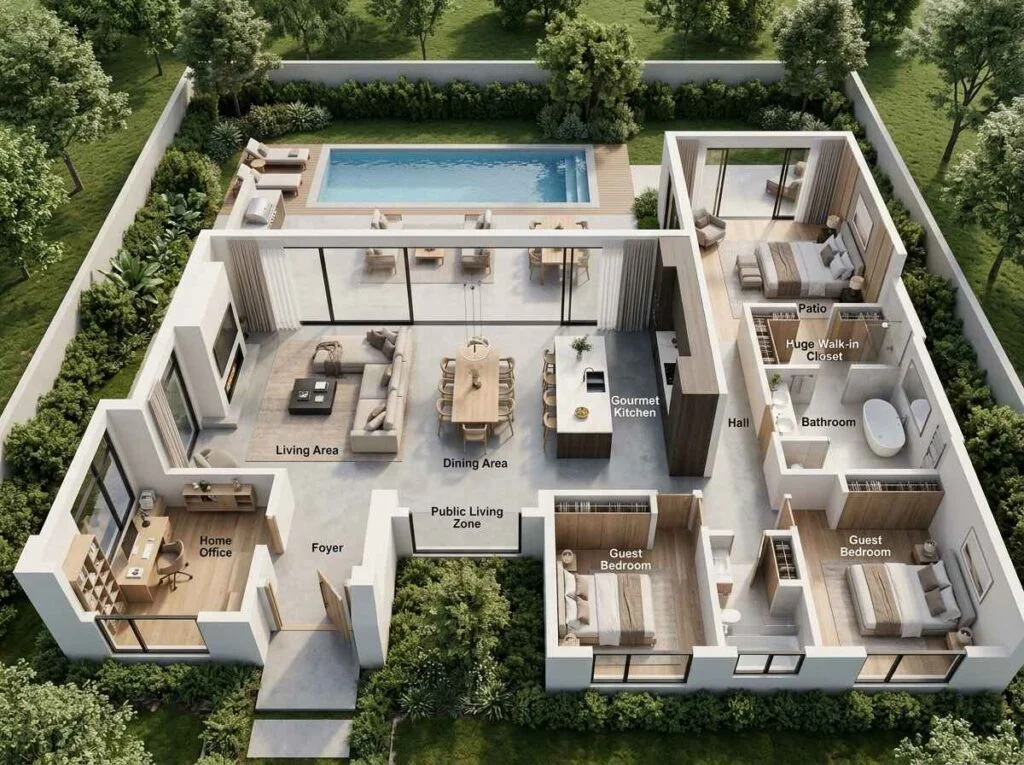 Aerial 3D floor plan layout showing strategic space planning for a luxury home
